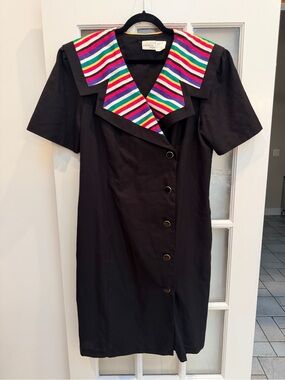 Vintage Halmode Plus 80’s Chic Knit Midi Dress Black Rainbow Trim Plus Size 16W